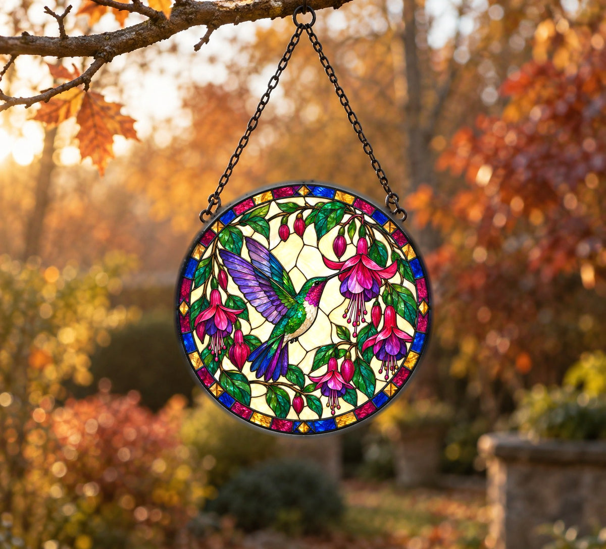 Jewel Fuchsia Hummingbird Glass Suncatcher Window Ornament