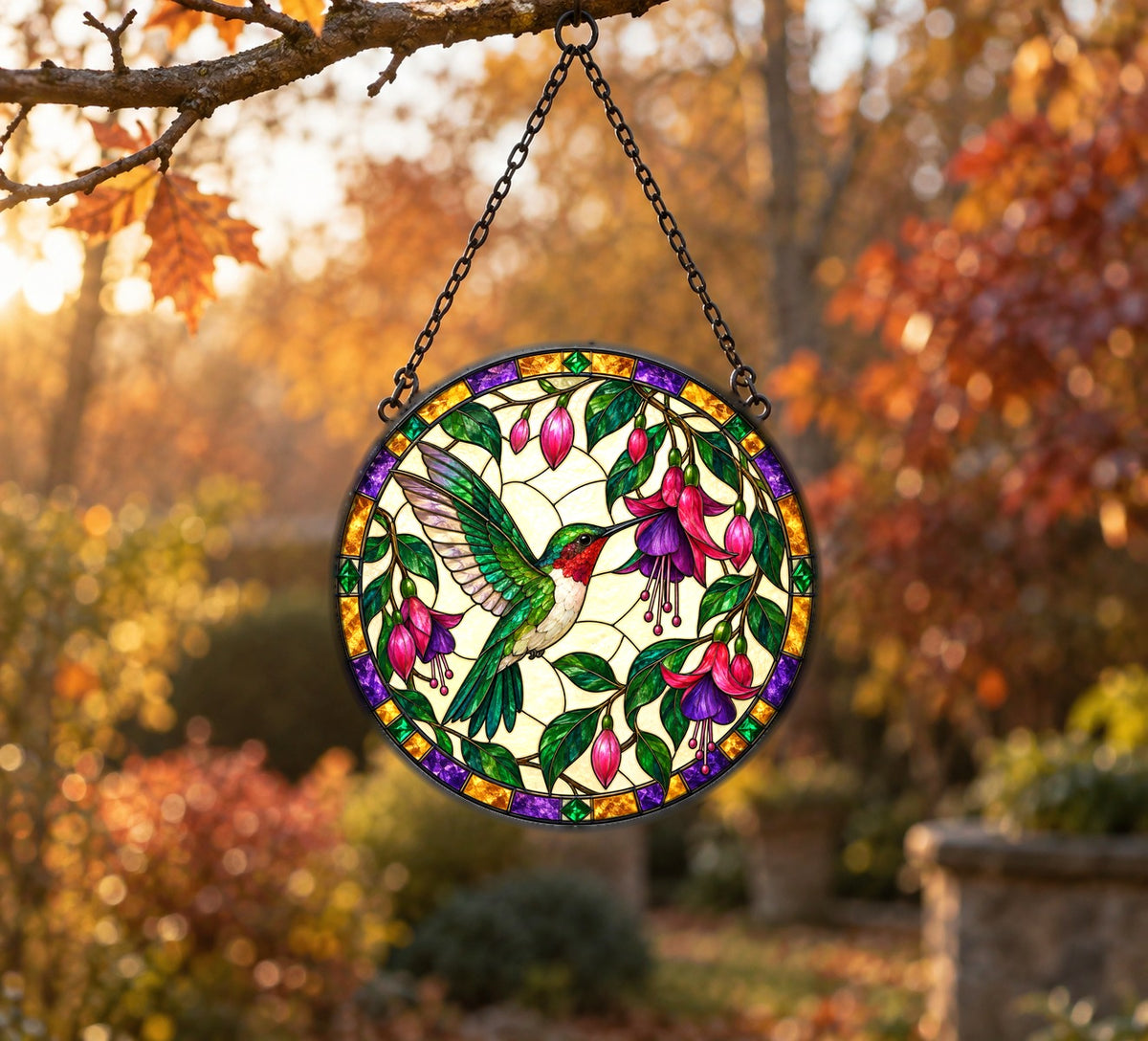Jeweled Hummingbird and Fuchsia Suncatcher Glass Window Ornament