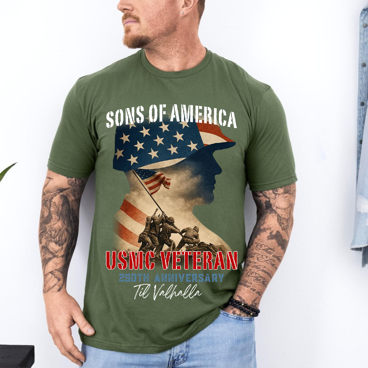 Sons of America USMC Unisex Shirt, 250th Anniversary  Til Valhalla Iwo Jima Design Veteran Tee