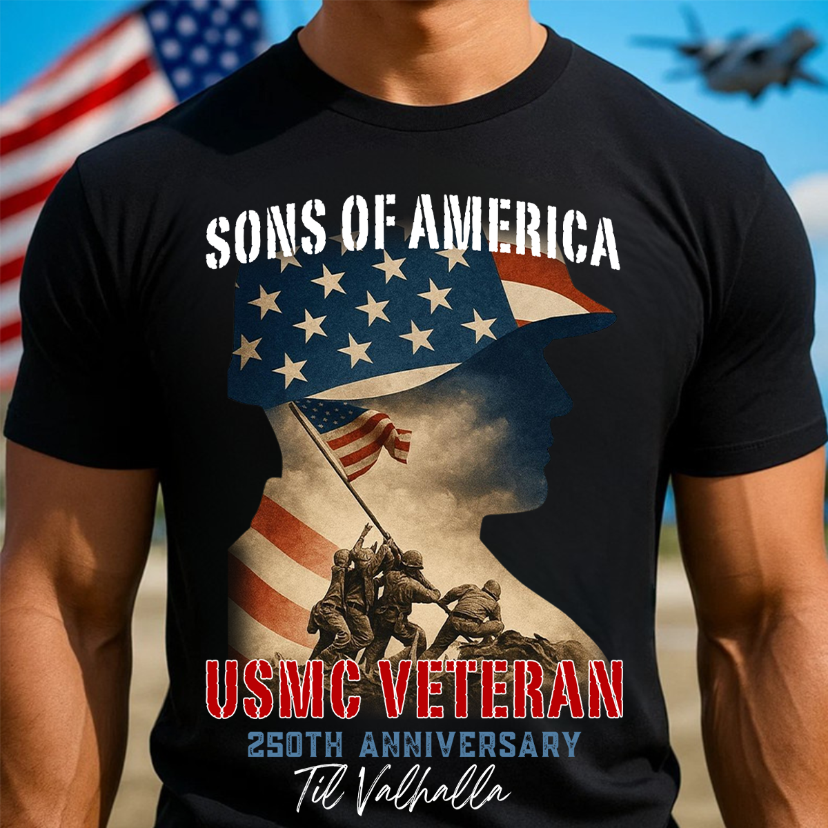 Sons of America USMC Unisex Shirt, 250th Anniversary  Til Valhalla Iwo Jima Design Veteran Tee