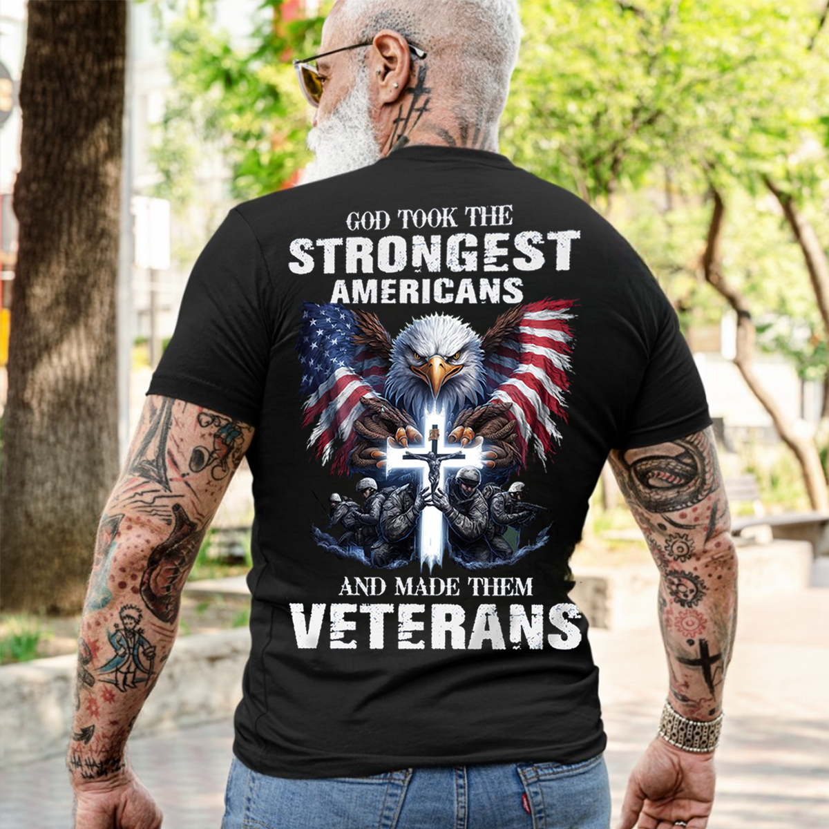 God Took the Strongest Americans T-Shirt – Patriotic Eagle Cross Design, Military Veterans Tribute, American Flag Tee