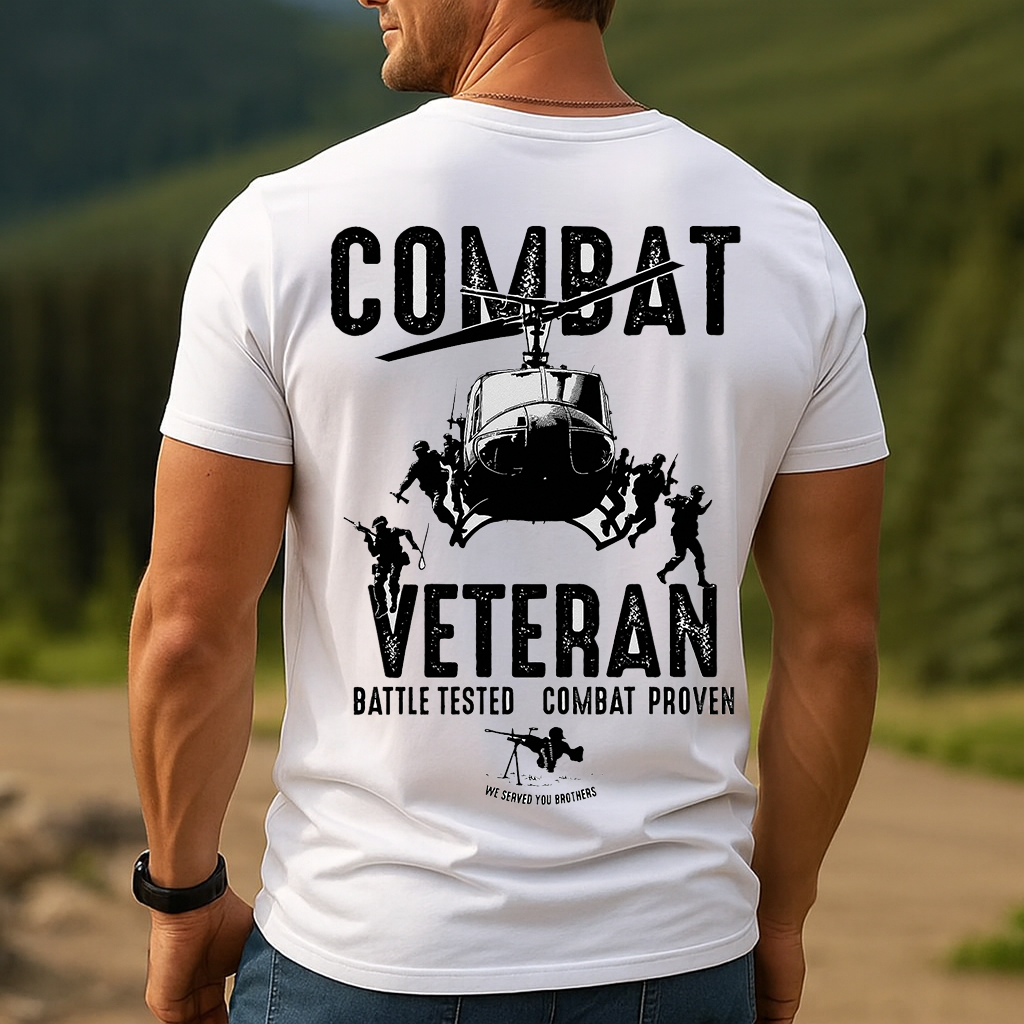 Combat Veteran Graphic T-Shirt for Men – Helicopter & Soldiers Design with “Battle Tested • Combat Proven” – Soft Short-Sleeve Crewneck – Patriotic Gift for Dad & Grandpa – Father’s Day & Veterans Day