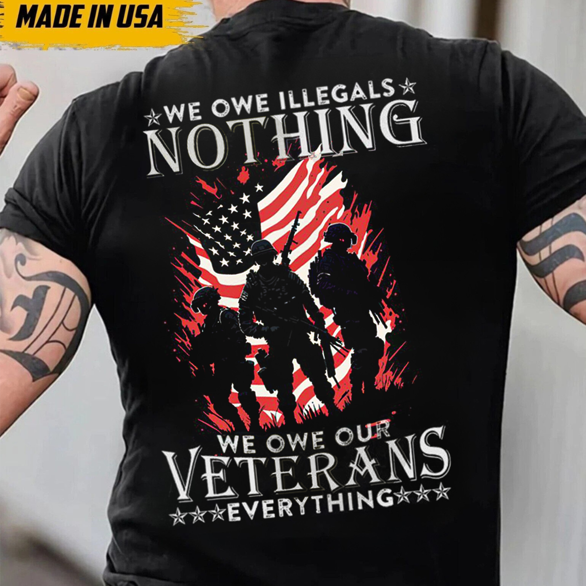USA Flag Veteran T-shirt – 'We Owe Our Veterans Everything' – Military Tribute Shirt