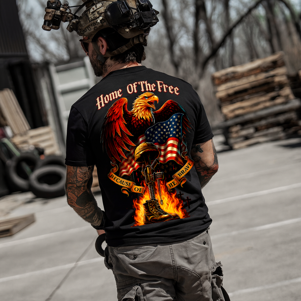 Patriotic Eagle American Flag Memorial T-Shirt – “Home of The Free Because of The Brave” – Military Veteran Tribute Gift for Dad, Grandpa, Father’s Day, Veterans Day, Memorial Day