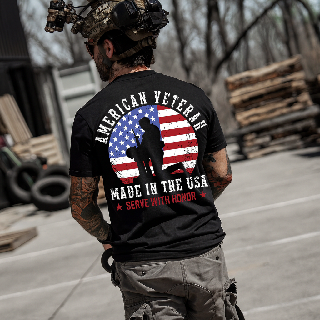 American Veteran T-Shirt for Men - Proudly Made in USA, Serve with Honor. Perfect Gift for a Veteran Dad or Grandpa.