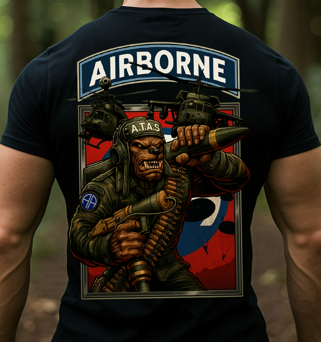 Airborne Military Tribute T-Shirt • Veteran Graphic Tee with Helicopters and Warrior Design • Patriotic Gift for Dad and Grandpa