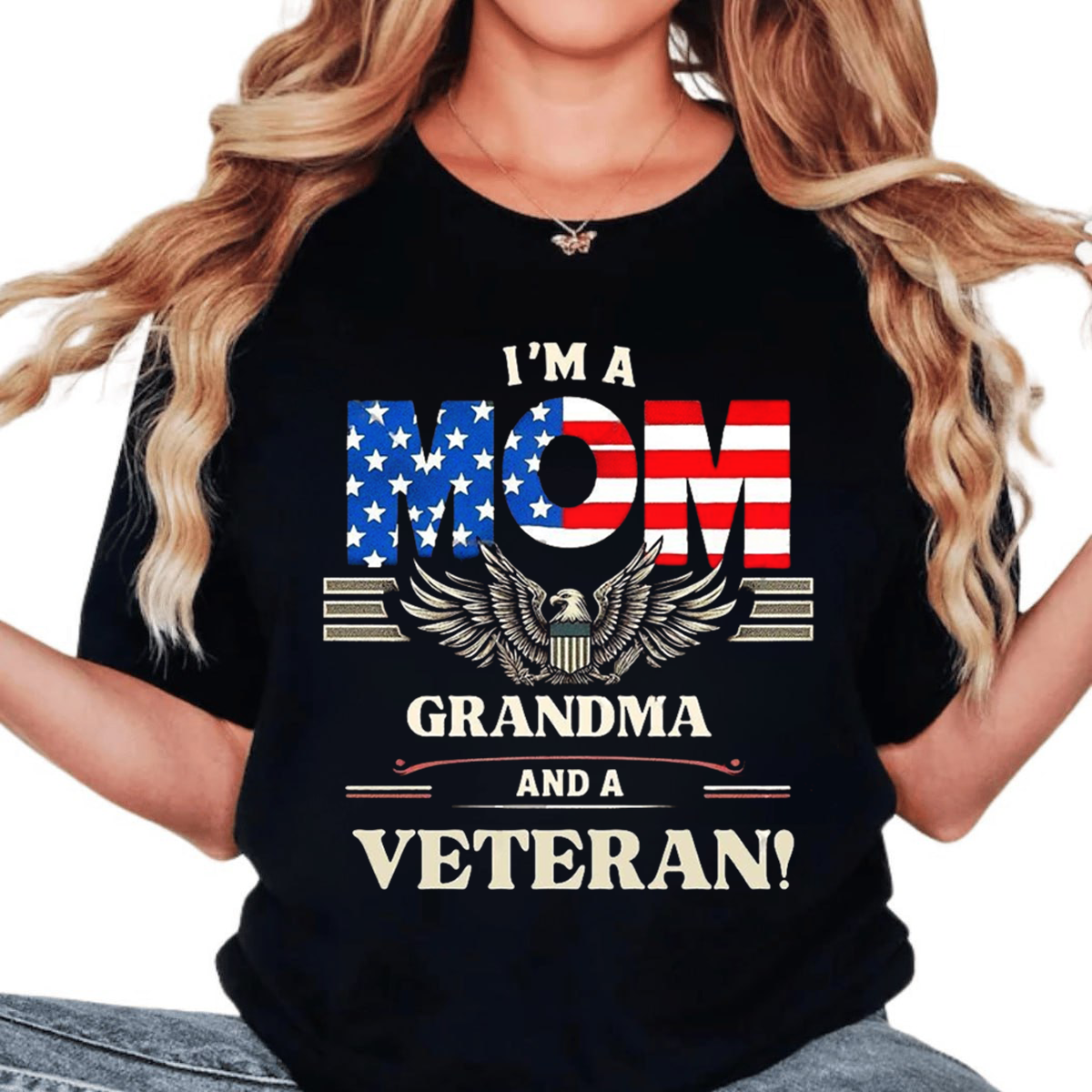 Proud Mom Grandma and Veteran T-Shirt, Patriotic American Flag Eagle Tee for Women