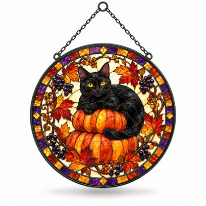 Midnight Cat and Pumpkin Suncatcher Ornament for Autumn Decor
