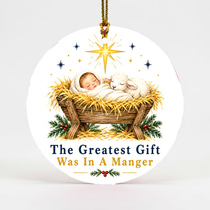 Greatest Gift Manger Keepsake Nativity Round Ceramic Christmas Ornament