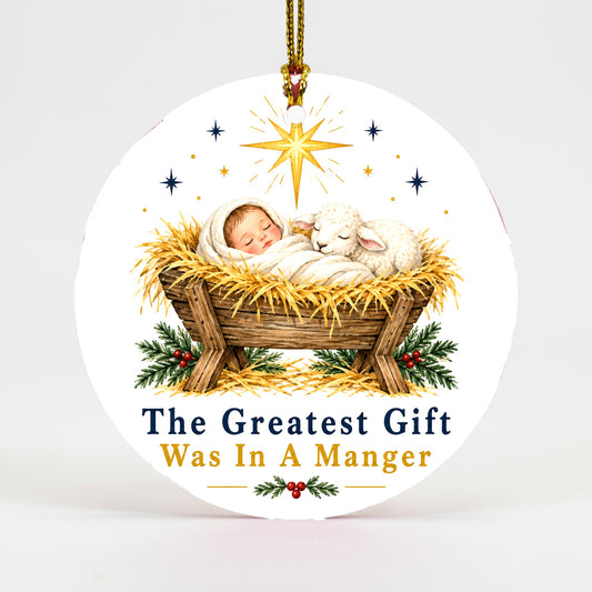 Greatest Gift Manger Keepsake Nativity Round Ceramic Christmas Ornament