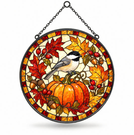 Harvest Chickadee Pumpkin Stained Glass Style Suncatcher Hanging