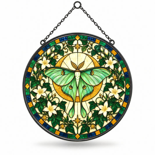 Mystic Luna Moth Suncatcher, Celestial Crescent Moon Glass Ornament