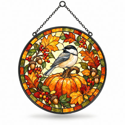 Autumn Chickadee Harvest Pumpkin Glass Suncatcher Window Hanging