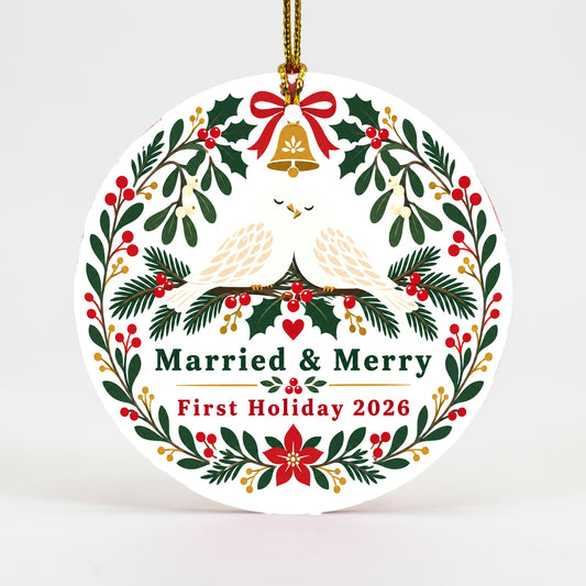 Married and Merry Folk Art Doves First Christmas Ceramic Ornament