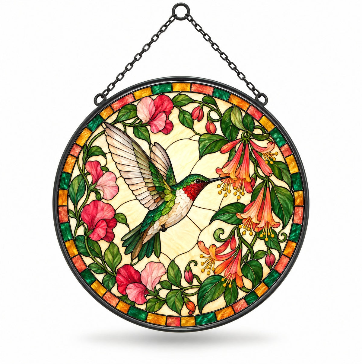 Hummingbird Honeysuckle Stained Glass Suncatcher Window Ornament