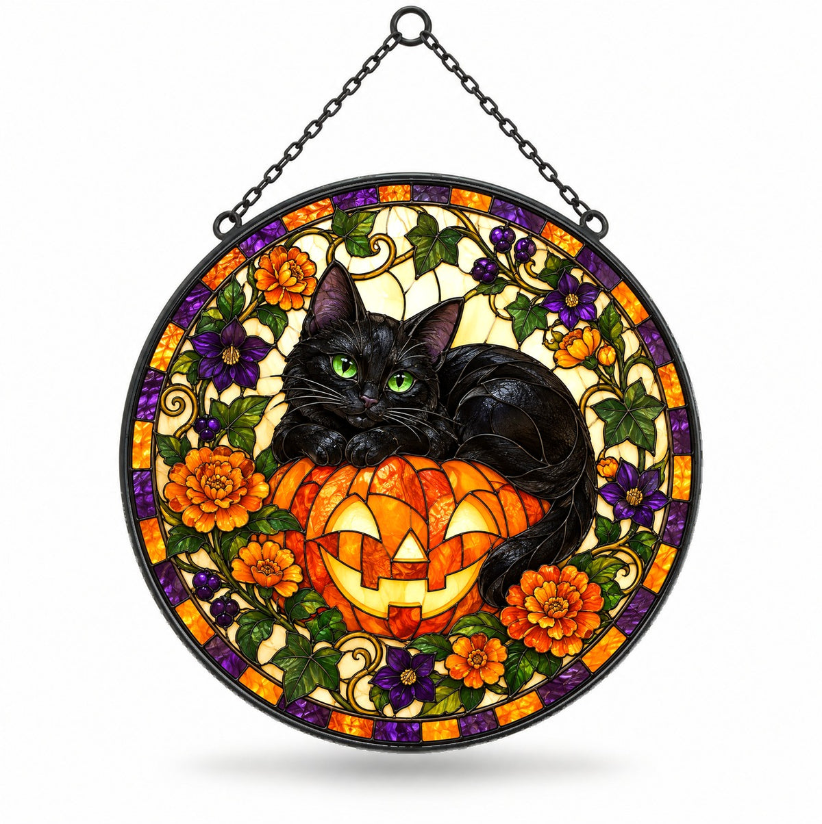 Black Cat and Pumpkin Stained Glass Style Suncatcher Hanging Ornament