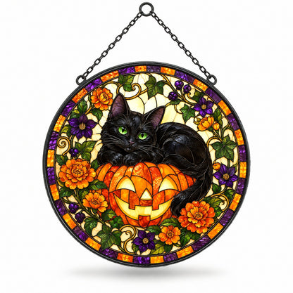 Black Cat and Pumpkin Stained Glass Style Suncatcher Hanging Ornament