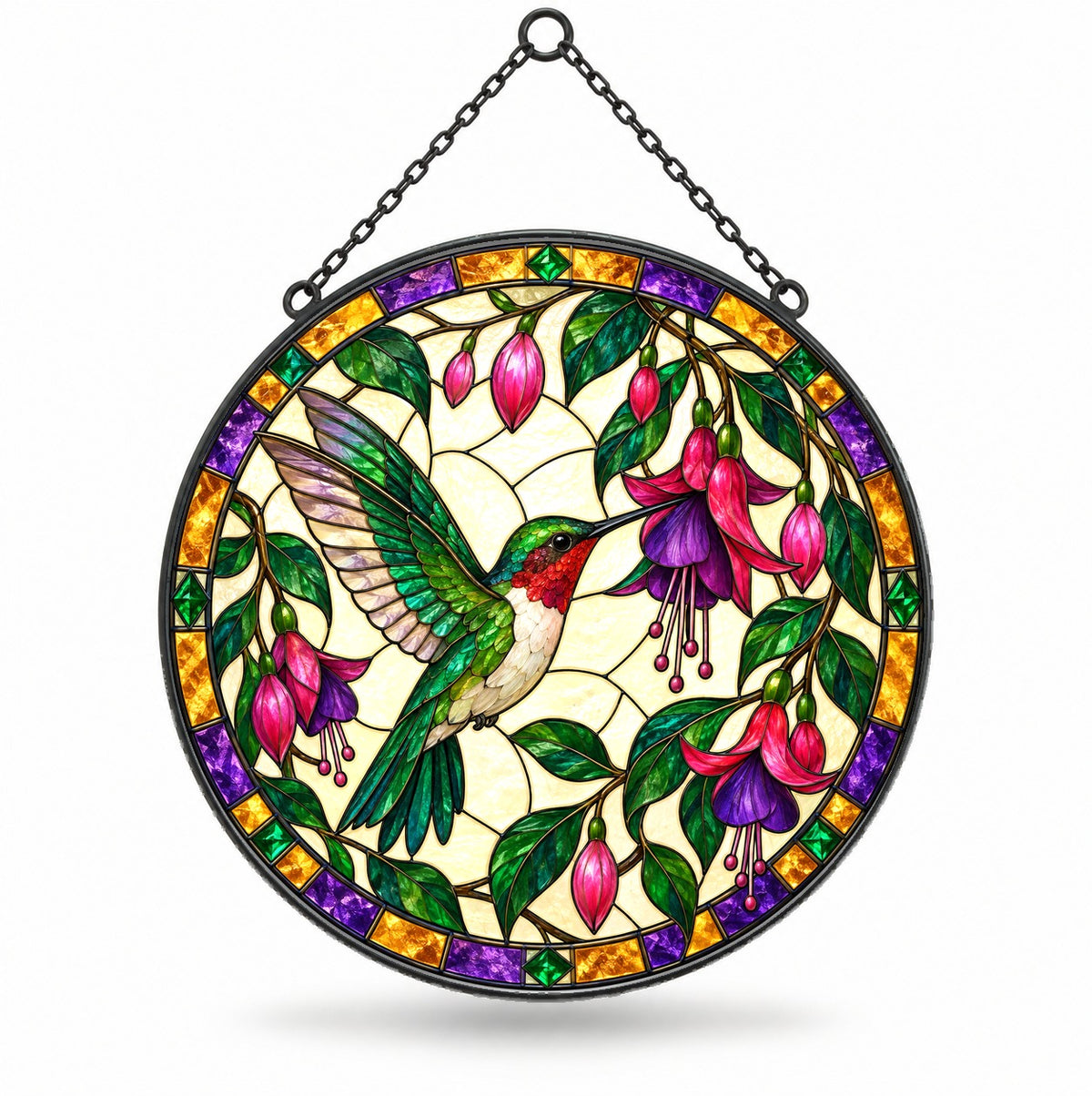 Jeweled Hummingbird and Fuchsia Suncatcher Glass Window Ornament