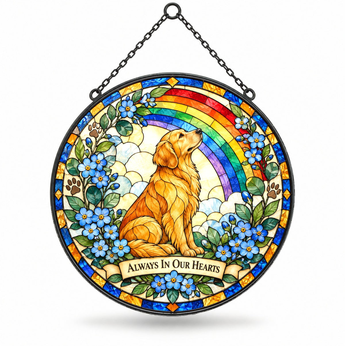 Rainbow Bridge Golden Dog Suncatcher, Pet Memorial Glass Ornament