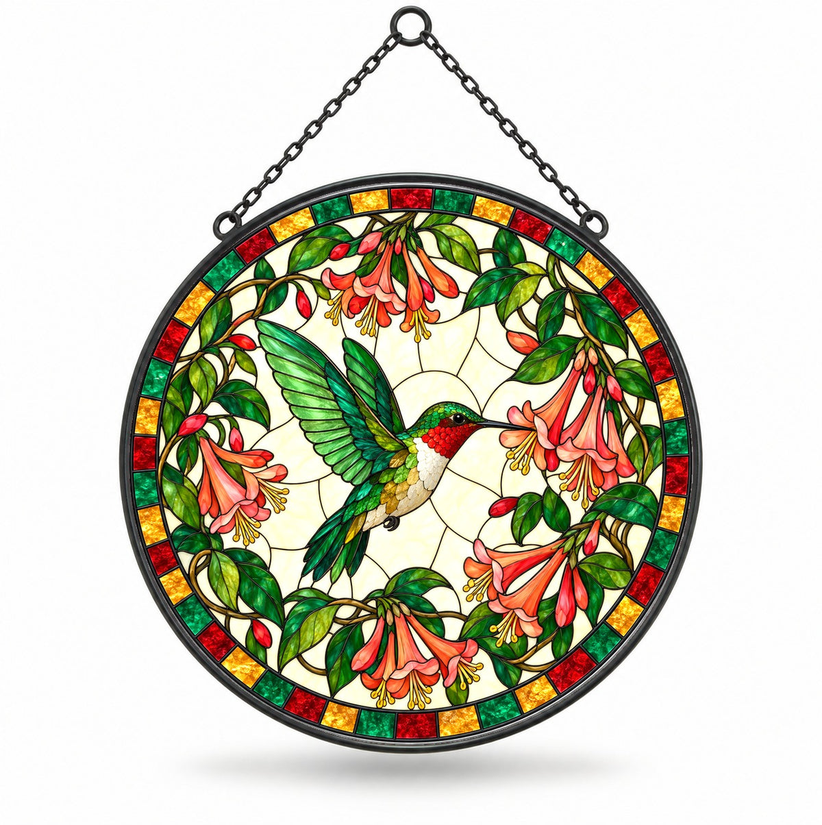 Honeysuckle Flight Hummingbird Suncatcher, Glass Window Ornament Decor