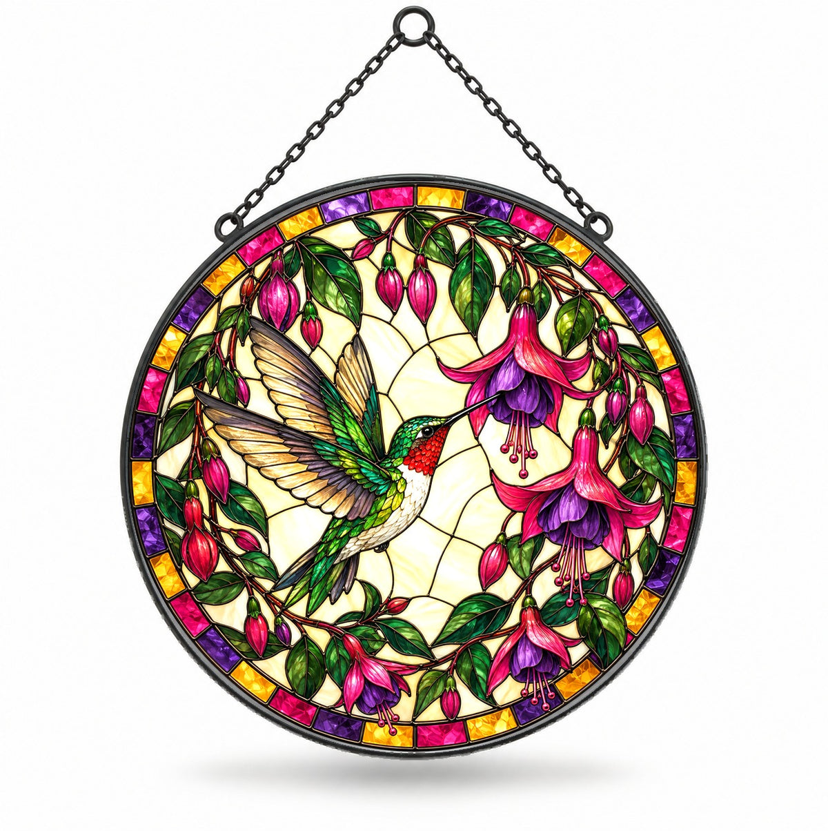 Fuchsia Hummingbird Glass Suncatcher Window Ornament
