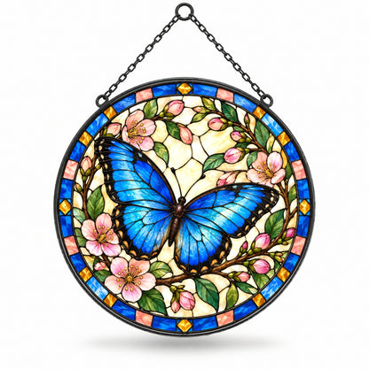 Azure Butterfly Glass Window Suncatcher and Floral Hanging Ornament
