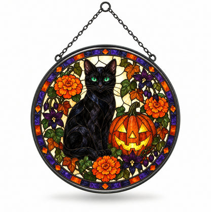 Halloween Black Cat and Pumpkin Stained Glass Suncatcher Window
