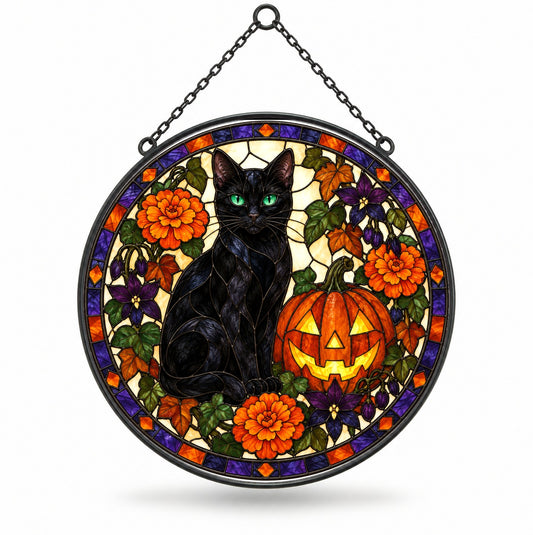 Halloween Black Cat and Pumpkin Stained Glass Suncatcher Window
