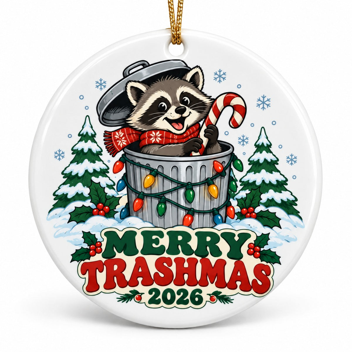 Festive Trash Panda Merry Trashmas 2026 Ceramic Christmas Ornament