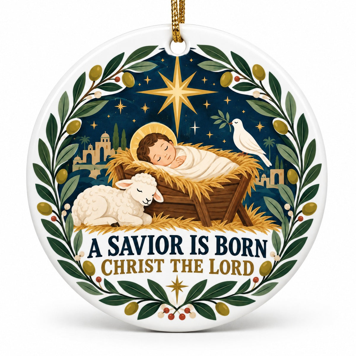 Folk Art Nativity Cradle Ceramic Christmas Ornament