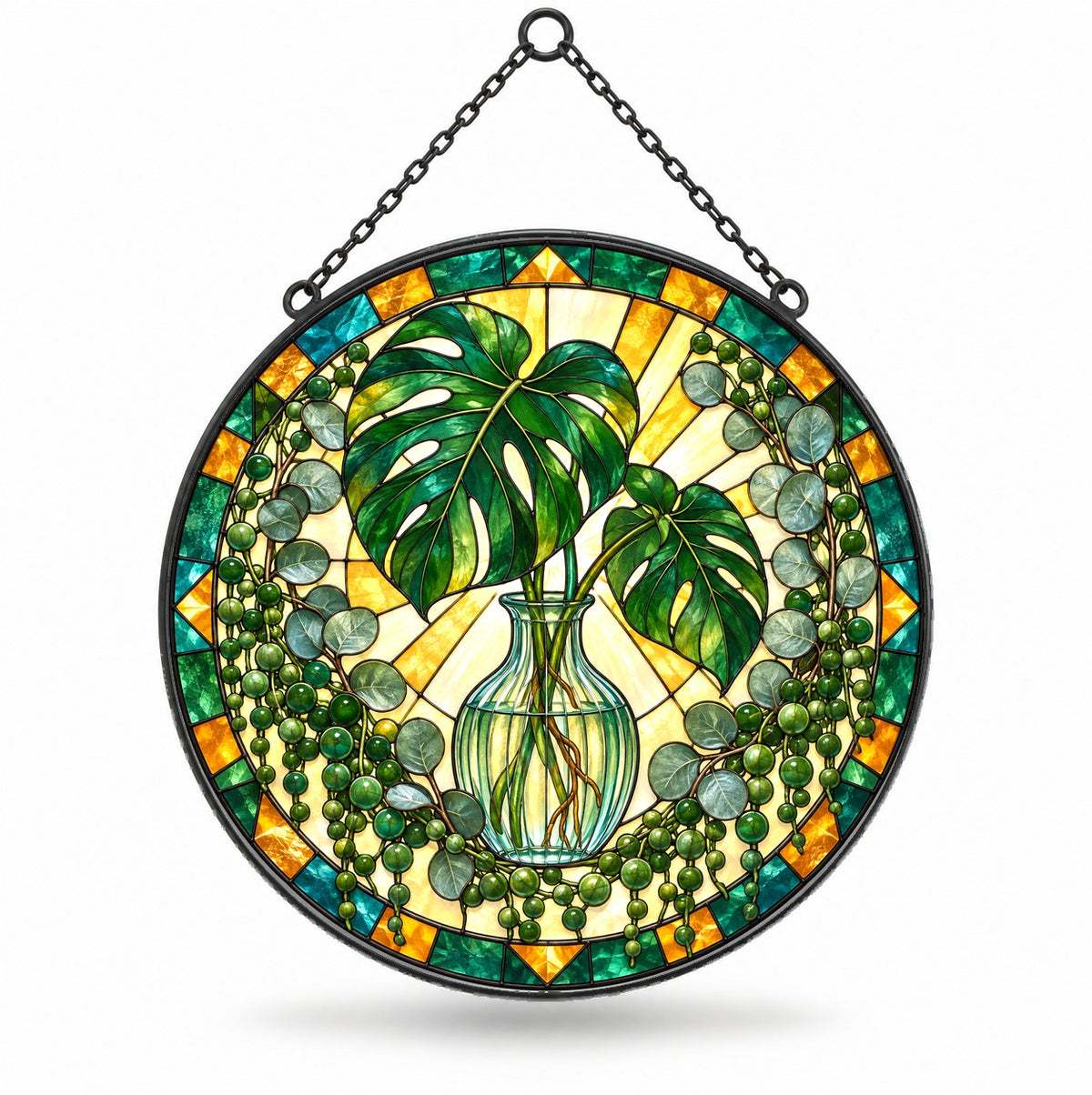 Mid-Century Botanical Sunburst Glass Suncatcher Window Ornament