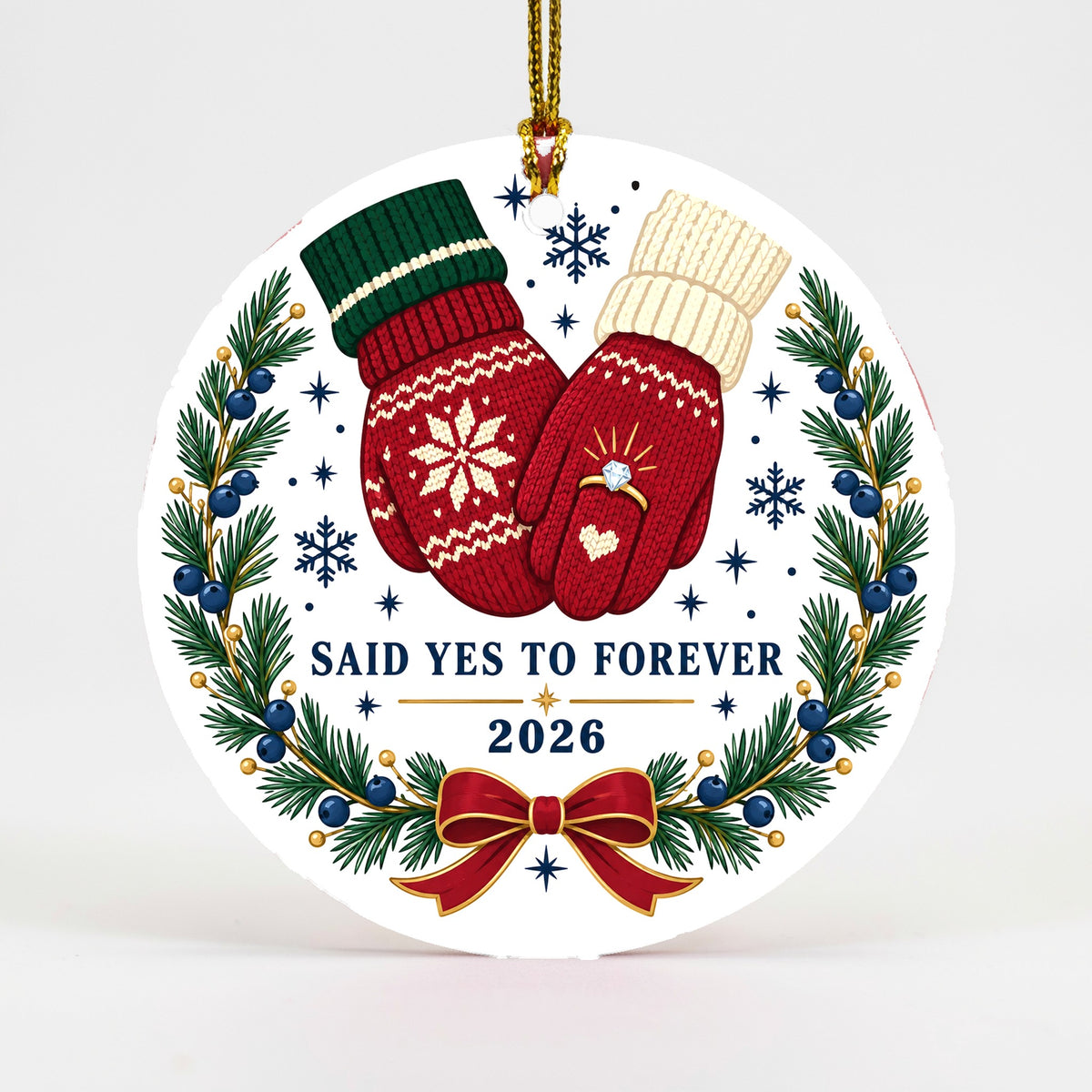 Mittens and Diamond Engagement Ceramic Christmas Ornament