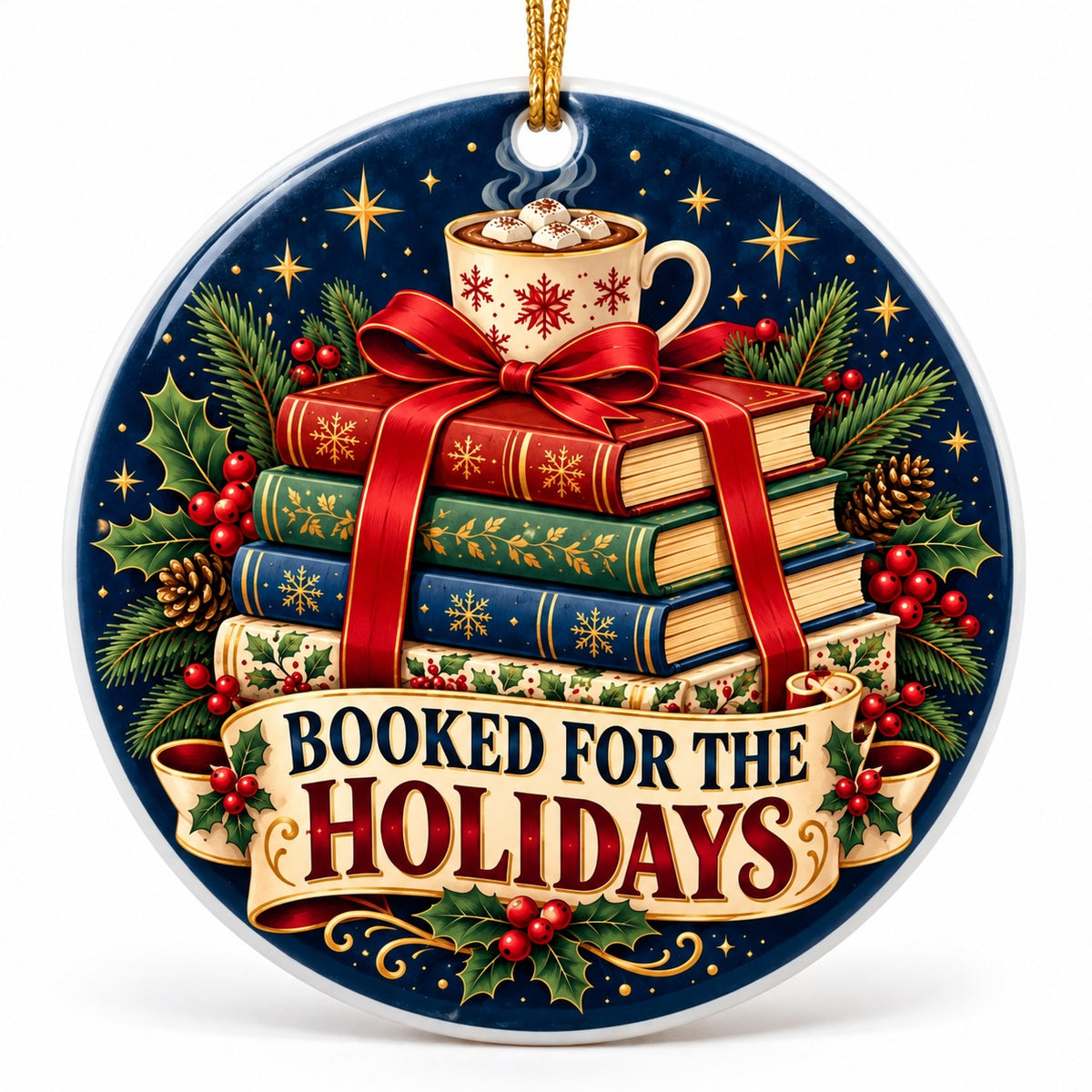 Booked for the Holidays Ceramic Ornament for Book Lovers