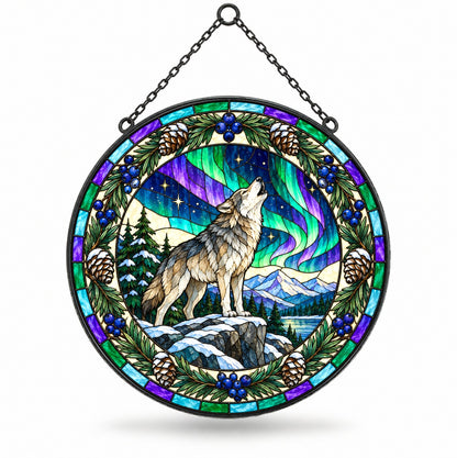 Aurora Wolf Wilderness Glow Suncatcher Hanging Glass Ornament