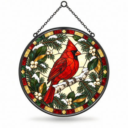 Frosted Birch Winter Cardinal Glass Suncatcher Window Hanging Ornament