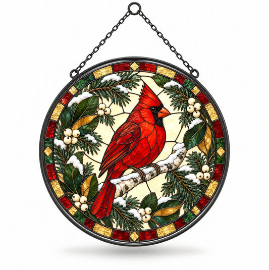 Frosted Birch Winter Cardinal Glass Suncatcher Window Hanging Ornament