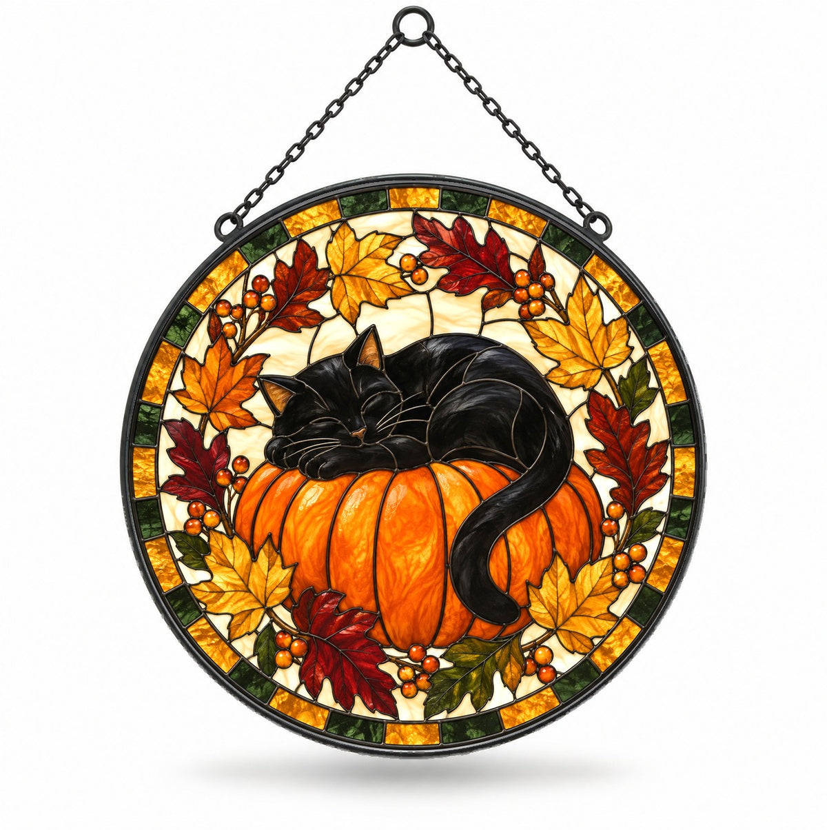 Autumn Slumber Black Cat Suncatcher, Fall Pumpkin Window Ornament