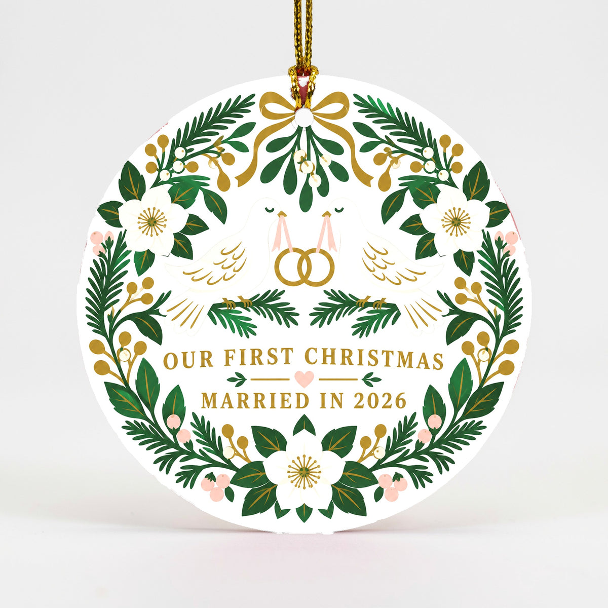Folk Art Wedding Doves Ceramic Christmas Ornament for Newlyweds