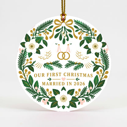 Folk Art Wedding Doves Ceramic Christmas Ornament for Newlyweds