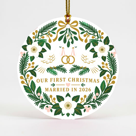 Folk Art Wedding Doves Ceramic Christmas Ornament for Newlyweds