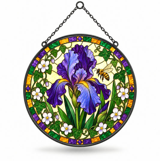 Velvet Iris and Honeybee Stained Glass Suncatcher Window Ornament