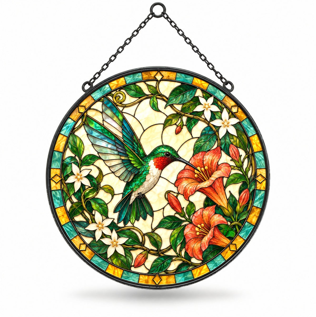 Sunlit Honeysuckle Hummingbird Suncatcher Window Hanging Ornament