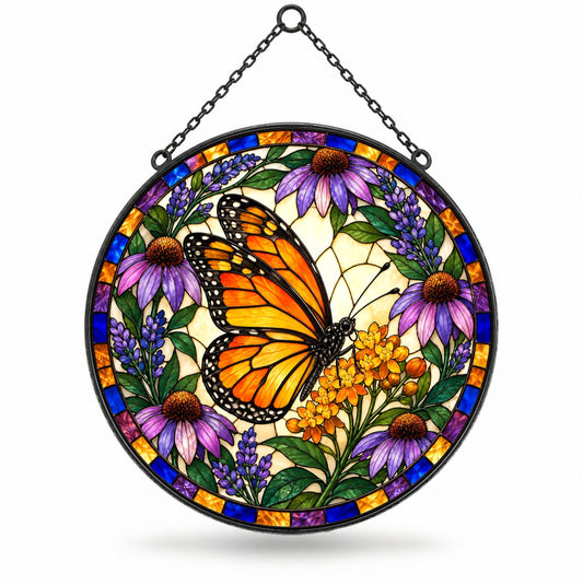 Monarch Blossom Haven Butterfly Stained Glass Suncatcher Window