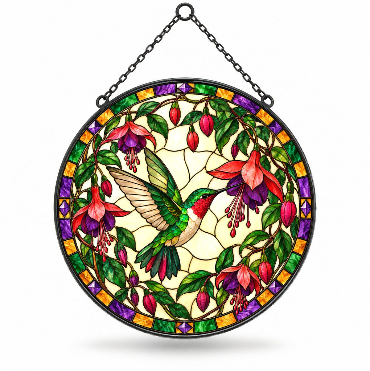 Ruby Nectar Fuchsia Hummingbird Stained Glass Suncatcher Window
