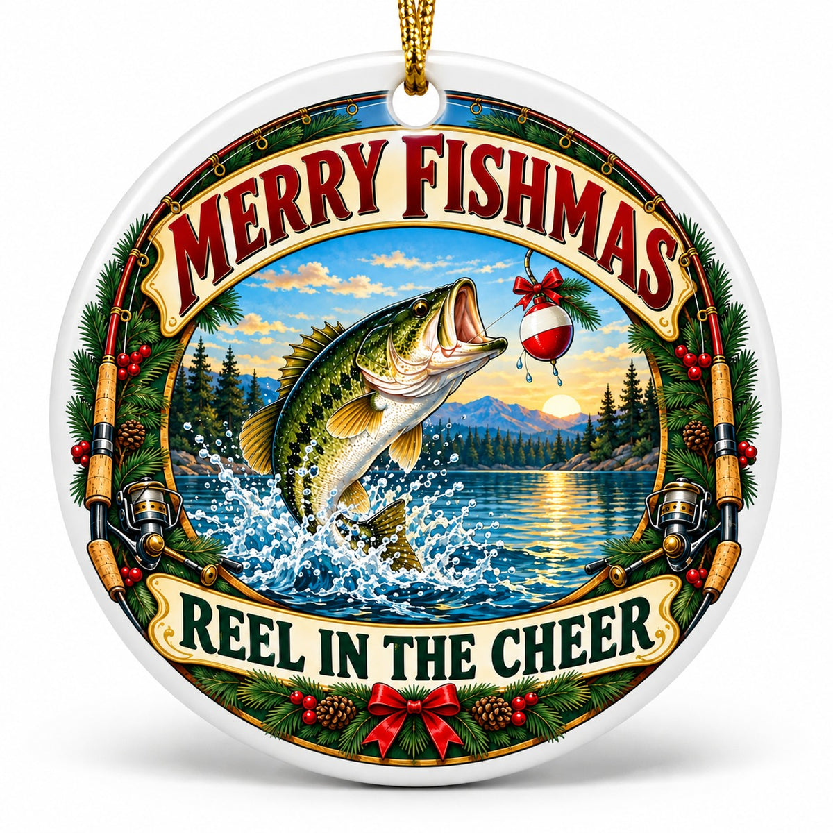 Reel in the Cheer Bass Fishing Ceramic Christmas Ornament