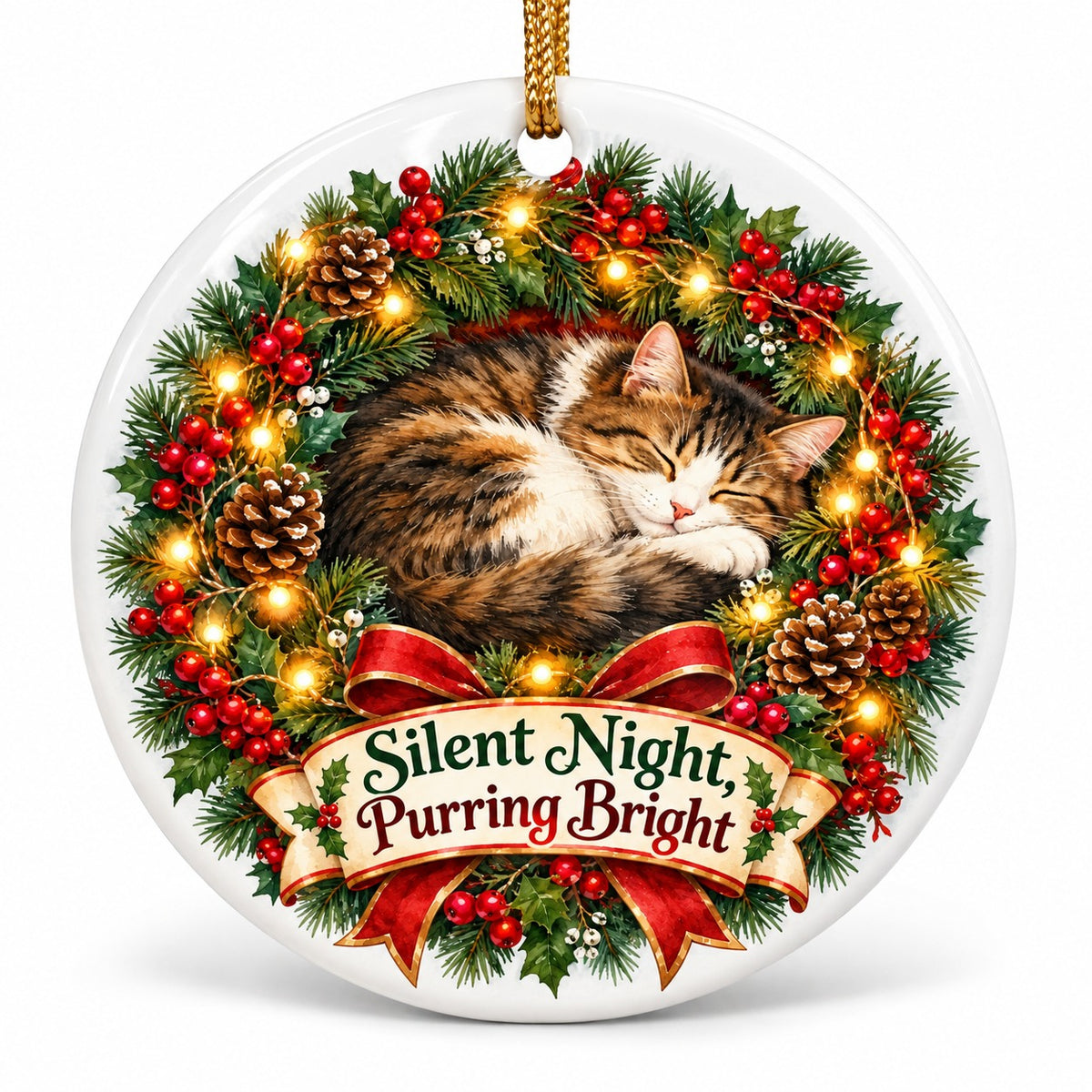 Sleeping Wreath Kitty Ceramic Christmas Ornament for Cat Lovers