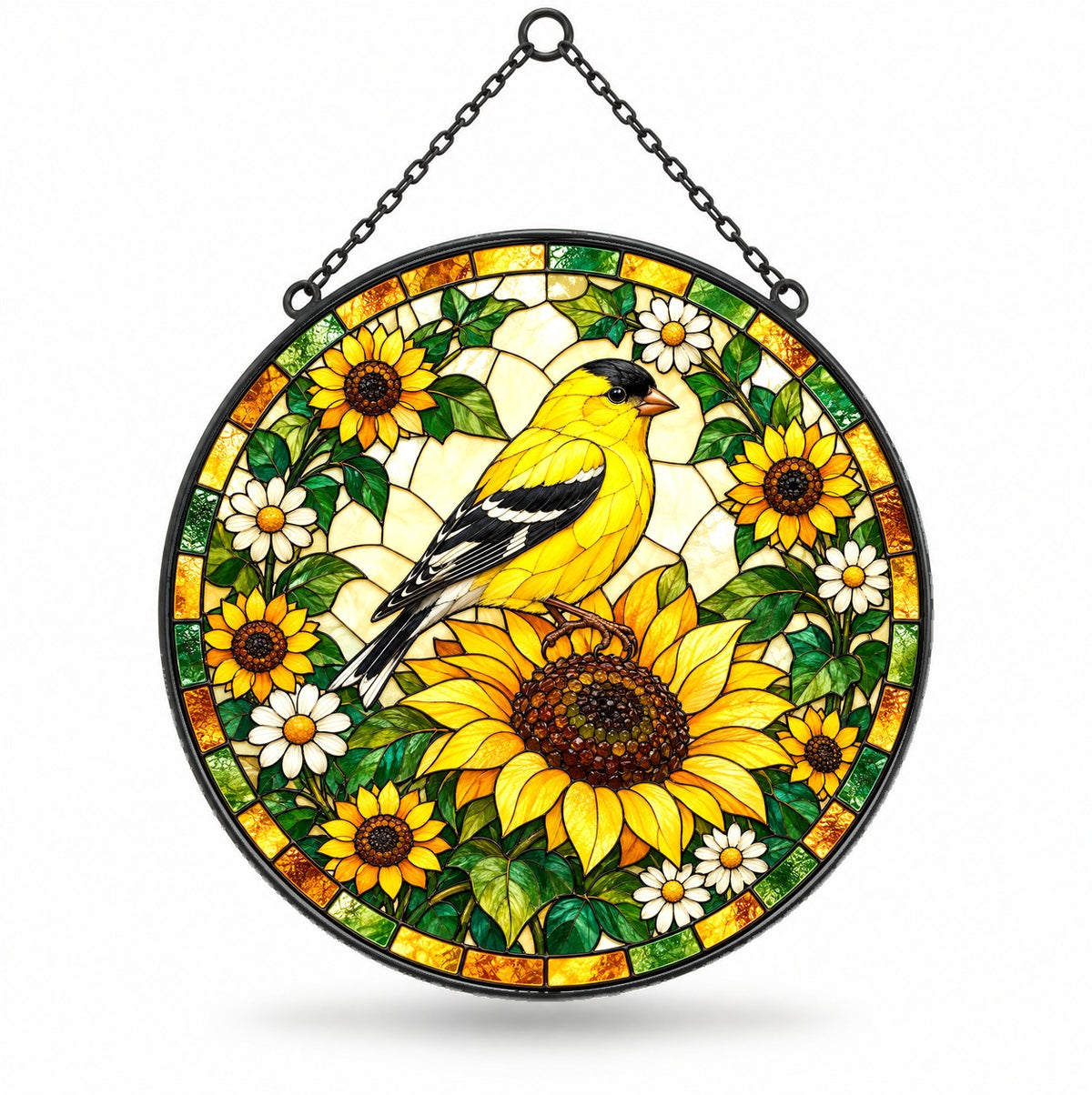 Sunflower Goldfinch Stained Glass Suncatcher Window Hanging Ornament