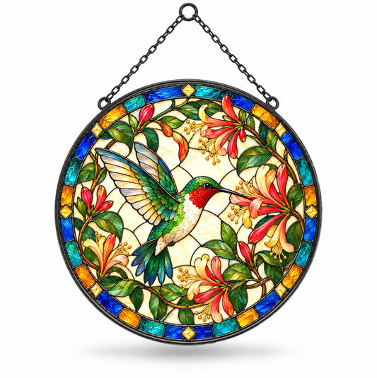 Ruby-Throated Hummingbird Glass Suncatcher Hanging Ornament