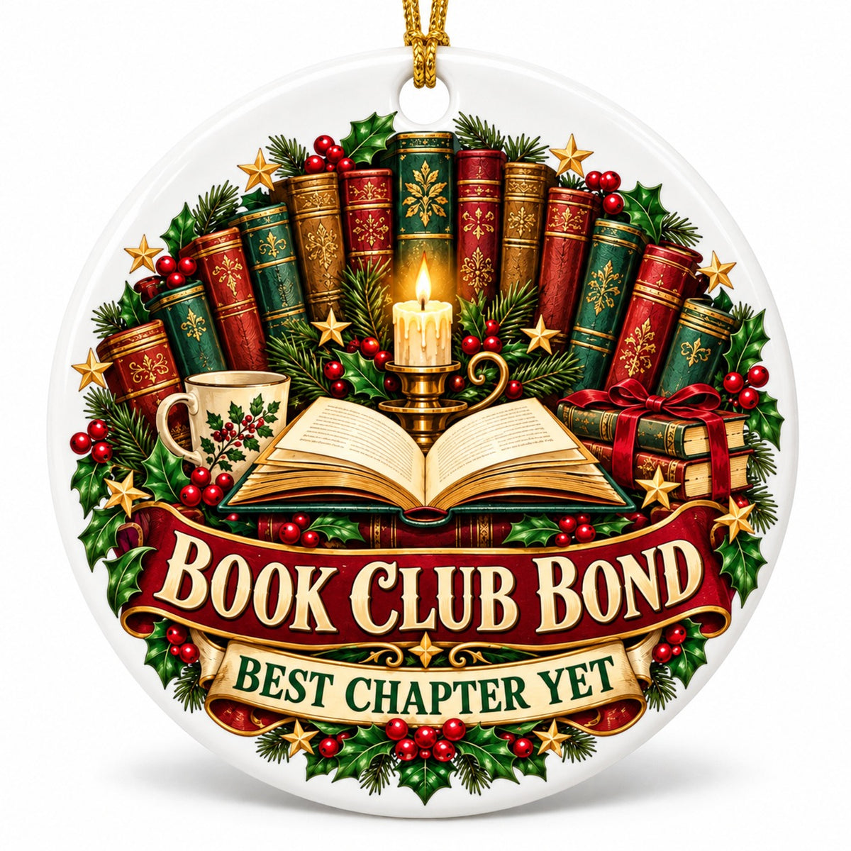 Chapters of Friendship Badge Book Club Ceramic Christmas Ornament