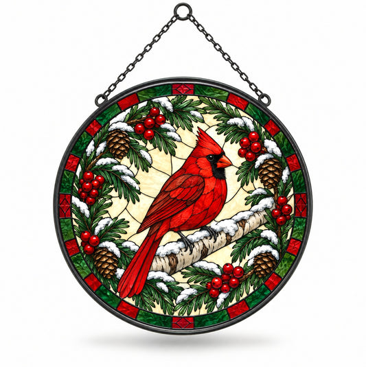 Winter Cardinal Glass Window Suncatcher, Birch Bird Hanging Ornament